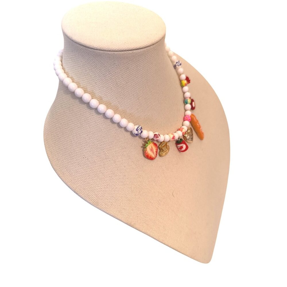 Handmade Beaded Necklace With White Beads & Assorted Fruit-Themed Charms Includi - Picture 3 of 6